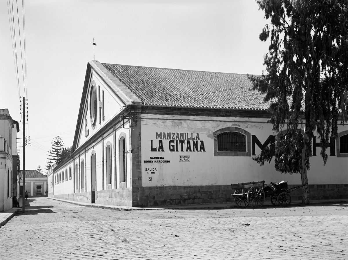 Historic black-and-white photograph of the Hidalgo bodega with La Gitana sign