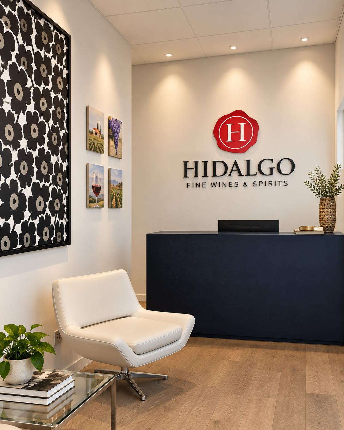Reception area of the Hidalgo Imports Hialeah office with the Hidalgo Fine Wines & Spirits logo on the wall