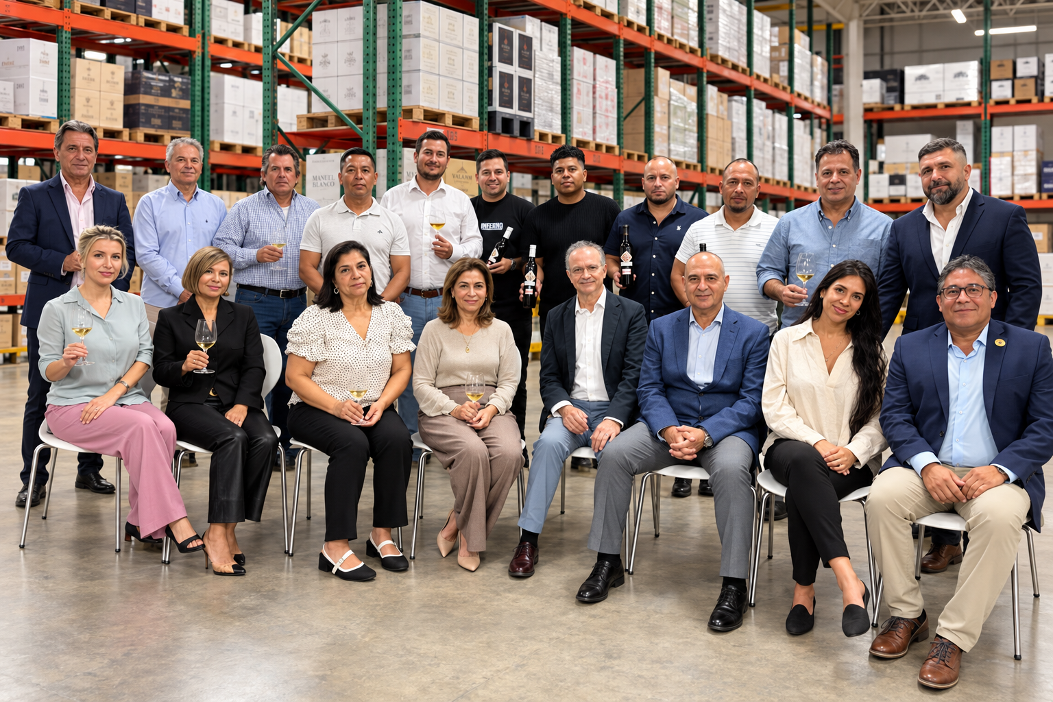 The Hidalgo Imports team posing with bottles and glasses in the Hialeah warehouse