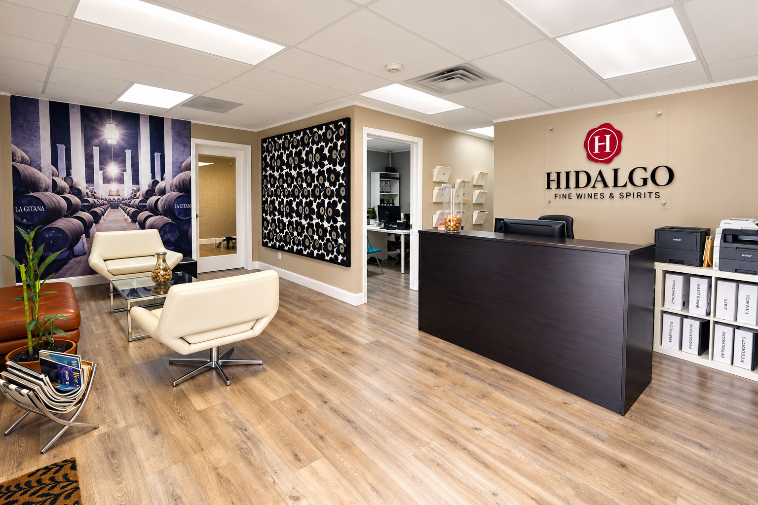 Reception area of the Hidalgo Imports Miami office with the company logo on the wall