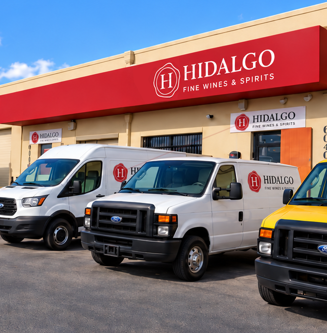 Hidalgo Imports delivery trucks and vans parked outside the Miami warehouse