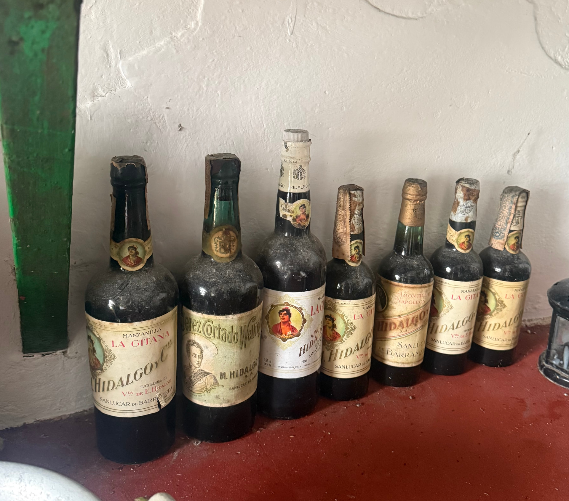 Row of dusty vintage Hidalgo manzanilla bottles