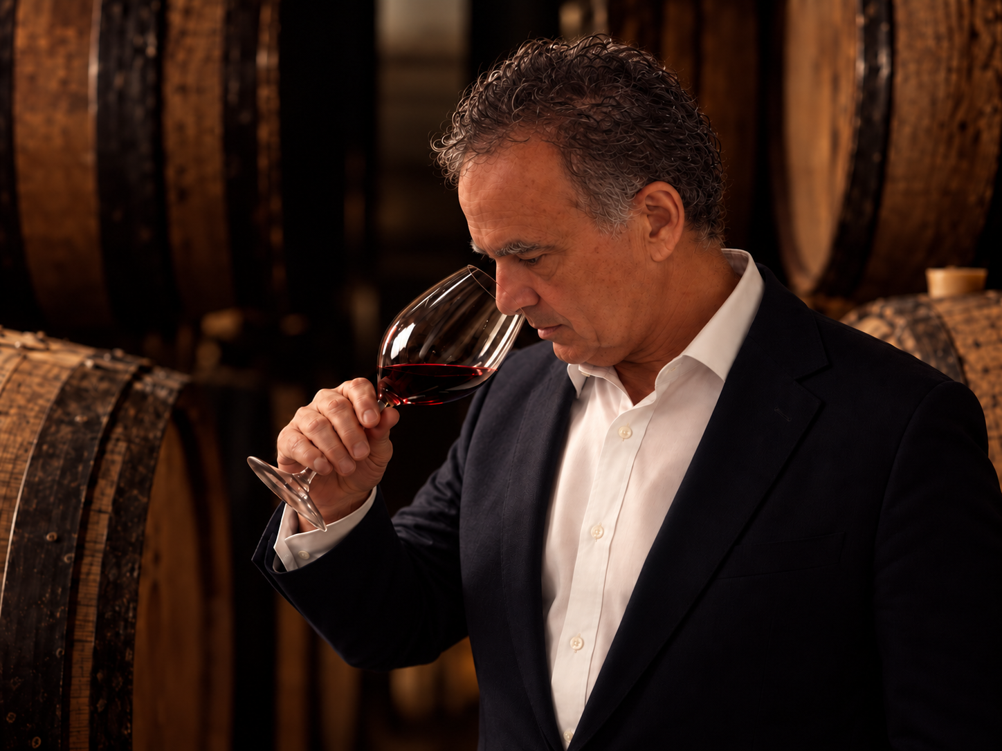 Antonio Hidalgo nosing a glass of wine in the cellar